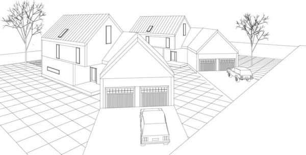 現代の家の建築スケッチ3Dレンダリング — ストックベクタ