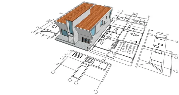 房屋建筑草图3D图解 — 图库照片