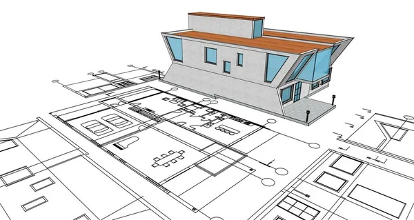 房屋建筑草图3D图解 — 图库照片