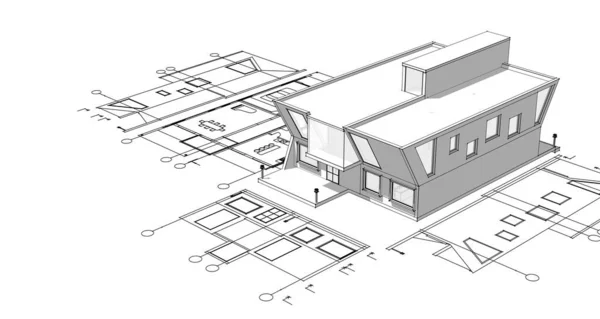 房屋建筑草图3D图解 — 图库照片