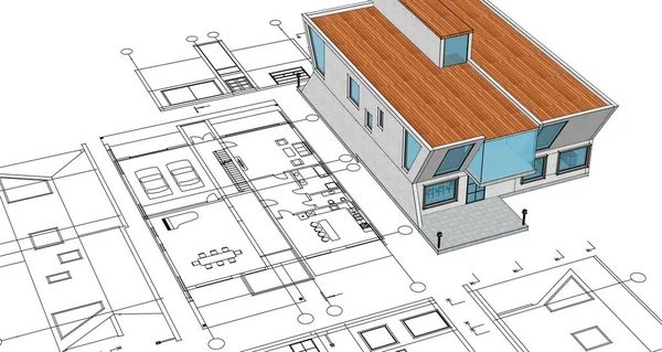 房屋建筑草图3D图解 — 图库照片