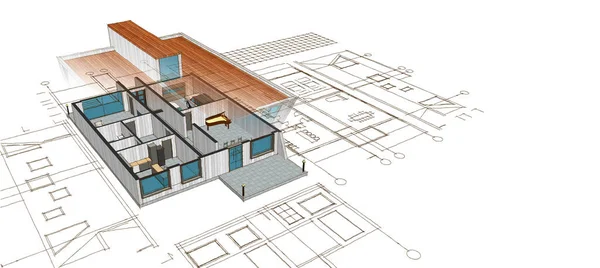 家の計画建築スケッチ3Dイラスト — ストック写真