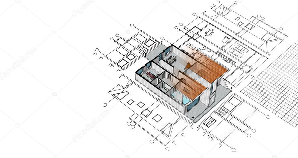 house plan architectural sketch 3d illustration