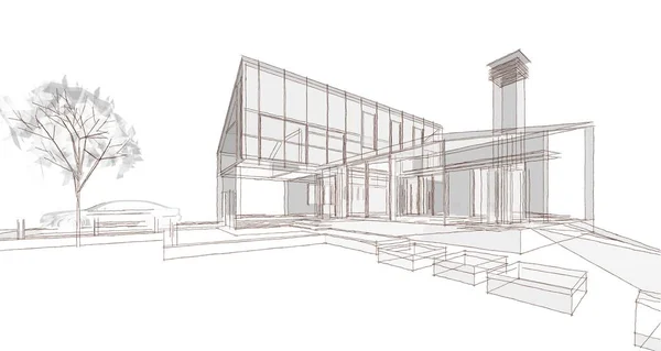 房屋建筑草图3D渲染 — 图库照片