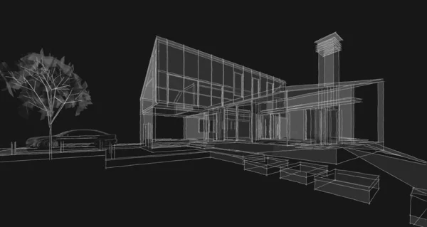 房屋建筑草图3D渲染 — 图库照片