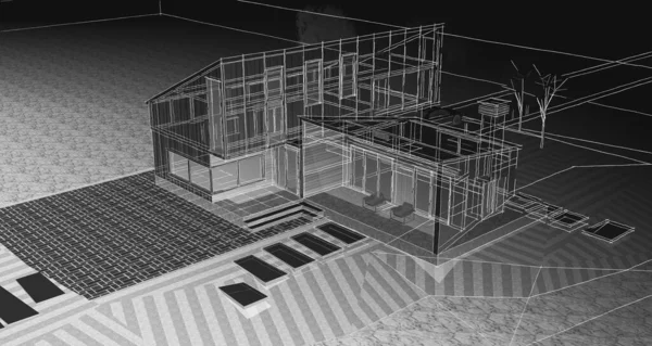 房屋建筑草图3D渲染 — 图库照片