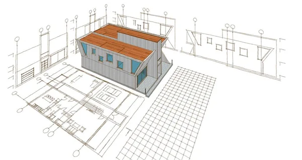 house architectural sketch 3d illustration blueprint