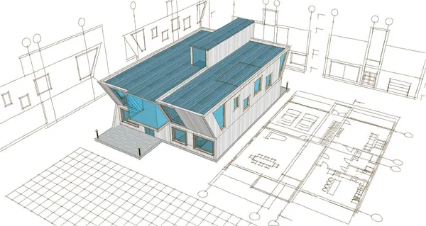 house architectural sketch 3d illustration blueprint
