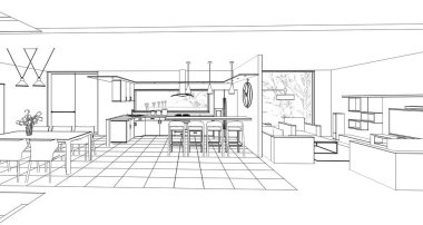  ev içi mutfak oturma odası 3D görüntü