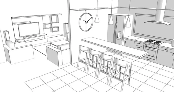 Внутренняя Кухня Дома Гостиная Иллюстрация — стоковое фото