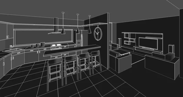 房屋内部厨房客厅3D插图 — 图库照片