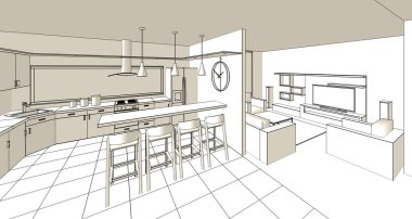 ev içi mutfak oturma odası 3D görüntü