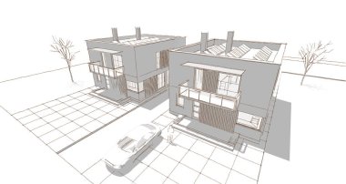 ev mimarisi çizimi 3d illüstrasyon