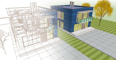 Modern ev çizimi 3d illüstrasyon