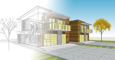 Modern ev çizimi 3d illüstrasyon