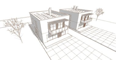 Modern ev çizimi 3d illüstrasyon