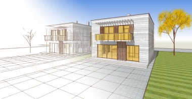 Modern ev çizimi 3d illüstrasyon