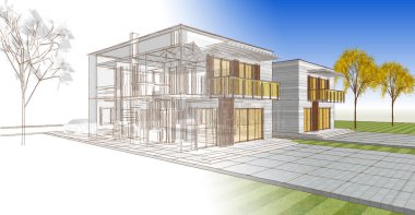 Modern ev çizimi 3d illüstrasyon