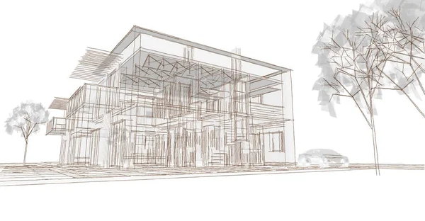 现代房屋草图3D插图 — 图库照片