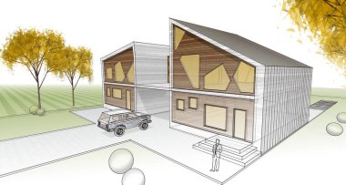 ev mimarisi çizimi 3d illüstrasyon