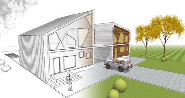 ev mimarisi çizimi 3d illüstrasyon