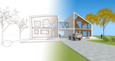 ev mimarisi çizimi 3d illüstrasyon