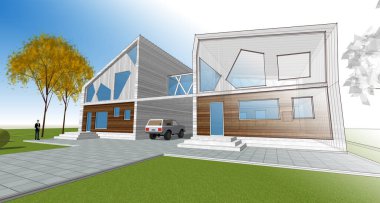 ev mimarisi çizimi 3d illüstrasyon