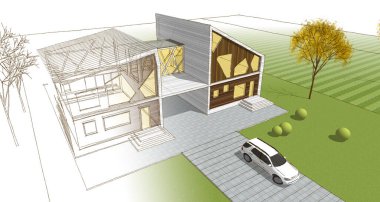 Modern ev mimarisi çizimi 3D illüstrasyon