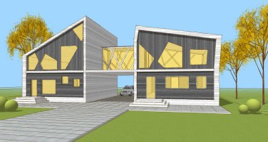 Modern ev mimarisi çizimi 3D illüstrasyon