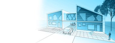 Modern ev mimarisi çizimi 3D illüstrasyon