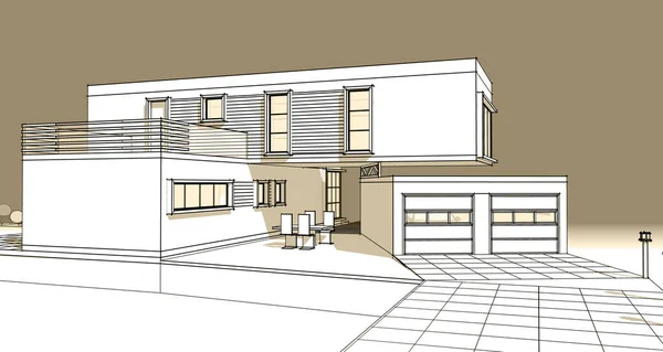 现代房屋建筑草图3D插图 — 图库照片