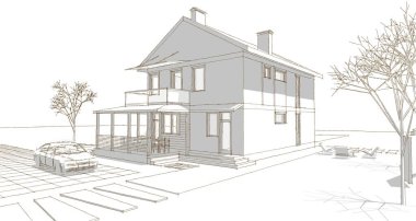 ev mimarisi çizimi 3d illüstrasyon