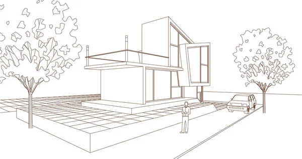 Концепция Дома Рендеринг Архитектурного Эскиза — стоковый вектор