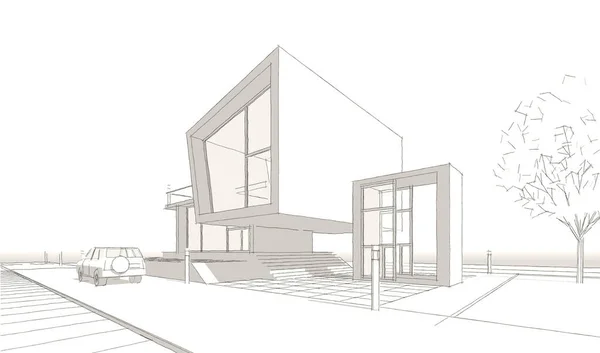 Koncepcja Domu Renderowania Szkic Architektoniczny — Zdjęcie stockowe