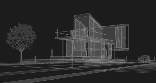 Koncepcja Domu Renderowania Szkic Architektoniczny — Zdjęcie stockowe