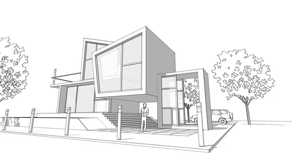 房屋概念3D渲染建筑草图 — 图库照片