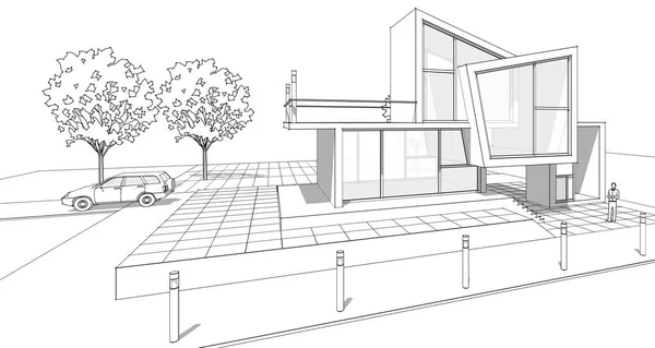 Koncepcja Domu Renderowania Szkic Architektoniczny — Zdjęcie stockowe