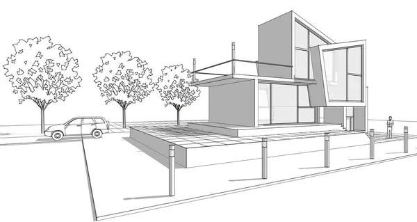 Koncepcja Domu Renderowania Szkic Architektoniczny — Zdjęcie stockowe