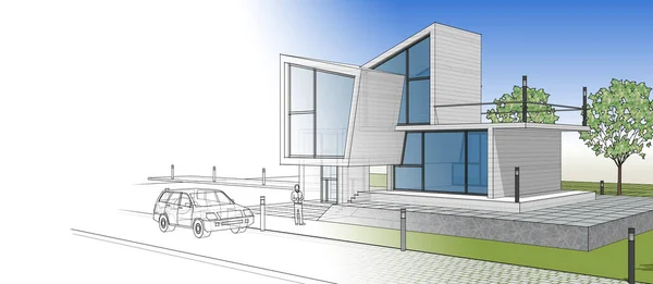Huis Concept Rendering Architectonische Schets — Stockfoto