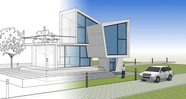 房屋概念3D渲染建筑草图 — 图库照片