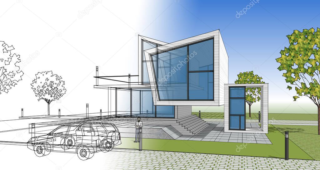 house concept 3d rendering architectural sketch