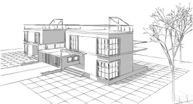 Modern ev çizimi 3d illüstrasyon