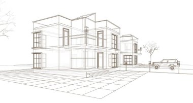 Kasaba mimarisi çizimi 3D illüstrasyon