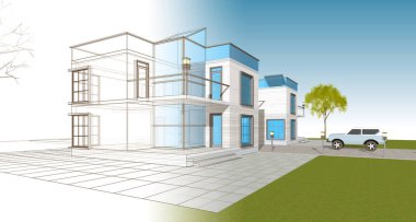 Kasaba mimarisi çizimi 3D illüstrasyon