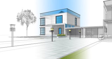 Kasaba mimarisi çizimi 3D illüstrasyon