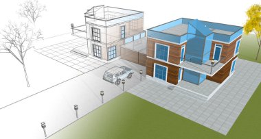 Kasaba mimarisi çizimi 3D illüstrasyon