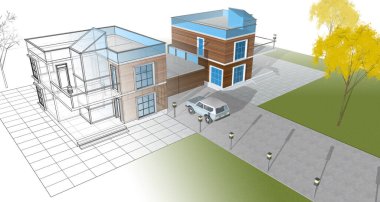 Kasaba mimarisi çizimi 3D illüstrasyon