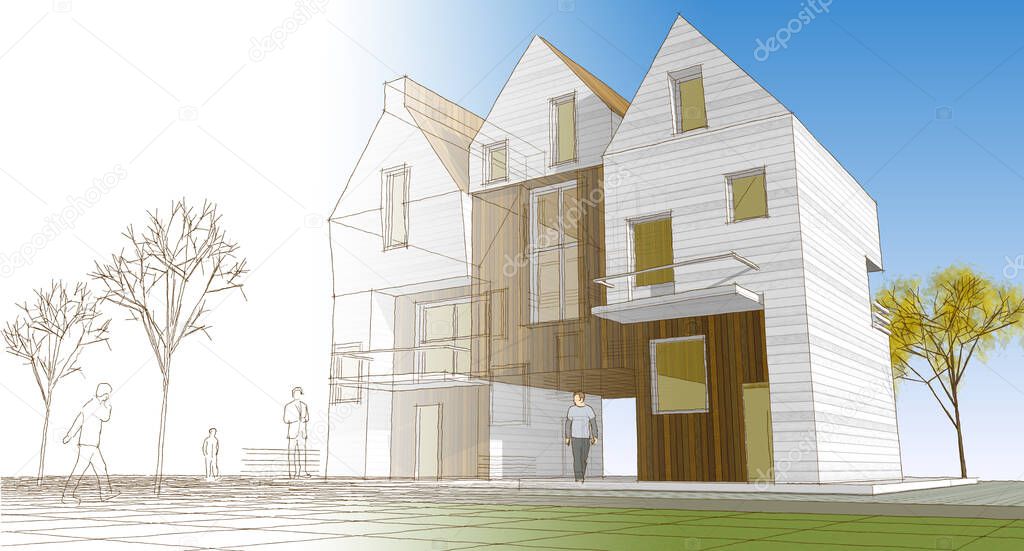 architectural landscape street sketch of houses 3d rendering