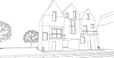 Modern bir ev çizimi. 3D görüntüleme.