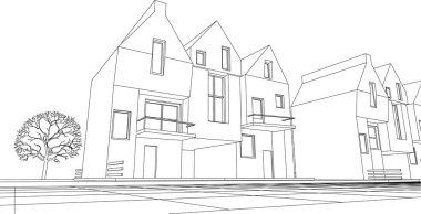 Modern bir ev çizimi. 3D görüntüleme.